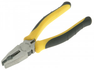 A pair of Stanley combination pliers with serrated flat jaws, a pipe-gripping section, and a side cutter, for general gripping work.