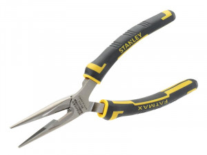 A pair of Stanley long-nose pliers with narrow tapered jaws and a side-wire cutter, for working in confined spaces.