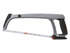 A hacksaw with a metal frame, adjustable blade tension, and a pistol-grip handle, for cutting metal bar, pipe, and conduit.