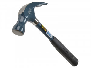A claw hammer with a blue and steel-handled handle and a polished steel head featuring a straight claw for nail removal and a flat striking face.,