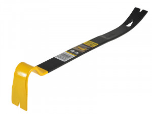 A hardened steel crowbar with a curved prying end and a pointed chisel tip, designed for levering, prying, and demolition work.