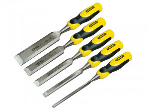 A bevel-edge wood chisel with a hardened steel blade and a polymer or wooden handle, for paring and chopping joints in timber.