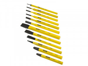A hardened steel chisel with a bevelled cutting edge and a square-section body, for cutting stone, brick, or timber.