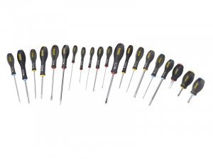 A set of 20 Stanley screwdrivers with colour-coded handles covering a range of flathead and Phillips sizes.,
