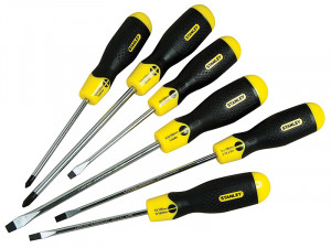 A set of 6 Stanley screwdrivers with colour-coded handles covering a range of flathead and Phillips sizes.,