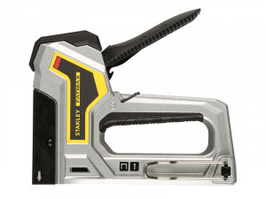A Stanley cordless nail gun with a magazine feed and safety tip, for driving nails quickly in timber framing and carpentry.