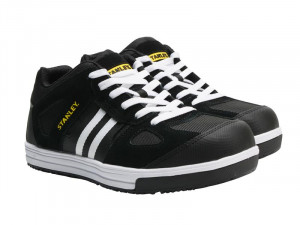 A black safety trainer with a composite toecap, a cushioned insole, and a lightweight anti-slip sole, suitable for lighter-duty site work.