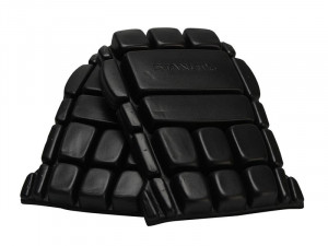 A pair of foam-padded knee pads with adjustable straps, designed to protect the knees during kneeling work.