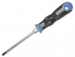 A Phillips head screwdriver with a black and blue ergonomic handle and a metal shaft, positioned on a white background.