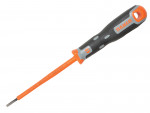 A Bahco brand flathead screwdriver with an orange and black ergonomic handle and an orange insulated shaft.,