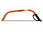 A metal bow saw with an orange frame, black handle, and a long serrated blade, designed for cutting wood.