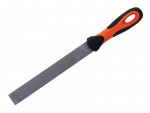A flat metal file with a textured surface and an orange and black ergonomic handle, used for smoothing or shaping materials like wood or metal.