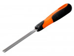 A flat metal file with a black and orange textured handle, designed for smoothing or shaping materials like metal or wood. The tool is shown on a white background.
