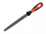 A metal hand file with a long, flat, textured blade and an orange and black ergonomic handle, designed for smoothing or shaping materials like wood or metal.