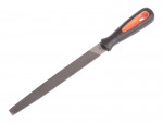 A flat metal file with a textured blade and a black handle that has an orange accent, used for smoothing or shaping materials such as wood or metal.