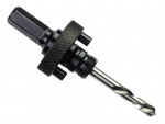 A metal hole saw arbor with a pilot drill bit, featuring a hex shank, textured grip ring, and two side pins, isolated on a white background.