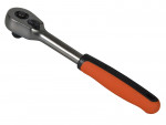 A metal ratchet wrench with a black and orange rubber handle, shown on a white background.