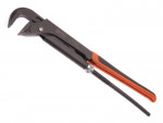 A black and orange adjustable pipe wrench with a curved jaw and a long handle, designed for gripping and turning pipes or fittings, on a white background.