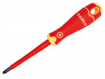 A red and yellow insulated Phillips-head screwdriver with a textured handle and the brand name BAHCO printed on the handle.,