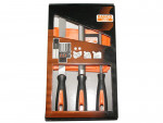 A boxed set of three Bahco metal files with black and orange handles, displayed in black packaging with orange accents and branding. The box also shows small icons with usage instructions.