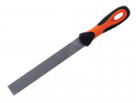 A metal hand file with a flat, rectangular blade and an orange and black ergonomic handle, designed for smoothing or shaping materials like wood or metal.