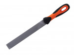 A metal hand file with a rectangular, textured blade and an orange and black ergonomic handle, designed for smoothing or shaping materials like wood or metal.
