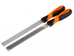 Two metal hand files with black and orange ergonomic handles are placed side by side on a white background. One file has a rough, coarse surface while the other has a fine, smooth surface.