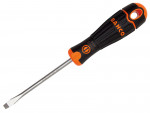 A flathead screwdriver with a black and orange handle labeled BAHCO and a metal shaft. The handle has an ergonomic design and a hole for hanging.,