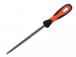 A metal file with a flat, rectangular blade and a black-and-orange ergonomic handle, designed for smoothing or shaping materials like metal or wood.