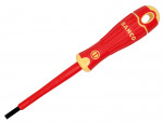 A red and yellow insulated flathead screwdriver with the brand name BAHCO on the handle, designed for electrical work.