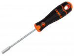 A Bahco brand nut driver with a black and orange handle and a long, silver shaft, shown on a white background.