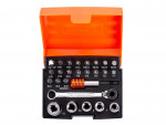 A set of assorted screwdriver and socket bits in a black foam organizer with an orange case. Includes a ratchet handle, extension, and multiple bits and sockets, all neatly arranged.