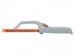 A gray and orange handheld hacksaw with a serrated blade labeled Sandflex and an ergonomic handle featuring a ribbed grip and an adjustable tension knob.,