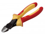 A pair of insulated diagonal cutting pliers with red and yellow handles, designed for electrical work. The metal jaws are angled for cutting wires.