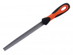 A metal file with a flat, rectangular blade and an orange and black ergonomic handle, designed for smoothing or shaping materials such as metal or wood.