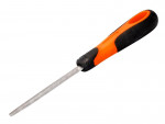 A round metal file with a textured shaft and a black and orange ergonomic handle, designed for smoothing or shaping materials like metal or wood.