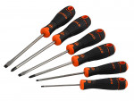 A set of six screwdrivers with black and orange handles, arranged in size order. The set includes both flathead and Phillips head screwdrivers.