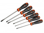 Six screwdrivers with black and orange handles are arranged in a fan shape. The set includes both flathead and Phillips screwdrivers of varying sizes.,
