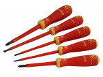 Five insulated screwdrivers with red and yellow handles arranged in a row, featuring different sizes and both flathead and Phillips tips.