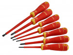 A set of seven insulated screwdrivers with red and yellow handles, arranged in a row. The set includes both flathead and Phillips head screwdrivers in various sizes.