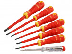 A set of seven screwdrivers with red and yellow handles, six insulated and one with a transparent handle, arranged in a row on a white background.