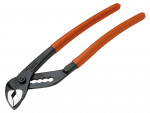 A pair of adjustable slip-joint pliers with black metal jaws and long orange rubber-coated handles, shown on a white background.