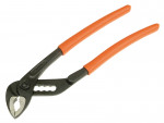 A pair of adjustable groove joint pliers with black metal jaws and orange rubber-coated handles, shown on a white background.