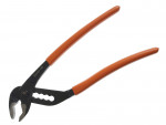 A pair of adjustable groove joint pliers with black metal jaws and orange rubber-coated handles, shown on a white background.