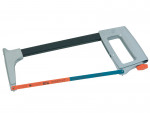 A metal hacksaw with a rectangular frame, gray handle, and an orange blade tensioner. The blade is thin and marked with Sandflex, suitable for cutting metal or plastic.