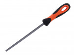 A round metal file with a textured surface and an orange and black ergonomic handle, commonly used for smoothing or shaping materials like wood or metal.