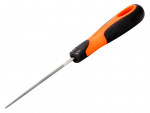 A metal file with a long, thin, textured blade and an ergonomic handle that is black with an orange grip. The handle has a hole at the end, likely for hanging or storage.