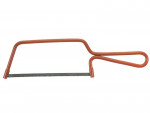 A metal hacksaw with an orange frame and a thin, straight blade, designed for cutting metal or plastic pipes. The handle and frame form a continuous loop.