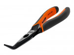 A pair of Bahco brand bent long-nose pliers with orange and black ergonomic handles, featuring a sharply angled jaw for precision gripping and bending tasks.