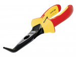 A pair of insulated, angled long-nose pliers with red and yellow handles and a black metal tip, designed for electrical work.